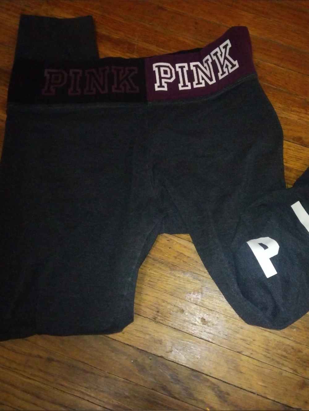 PINK Victoria's Secret Black Leggings with Plum Waistband and White Logo Block